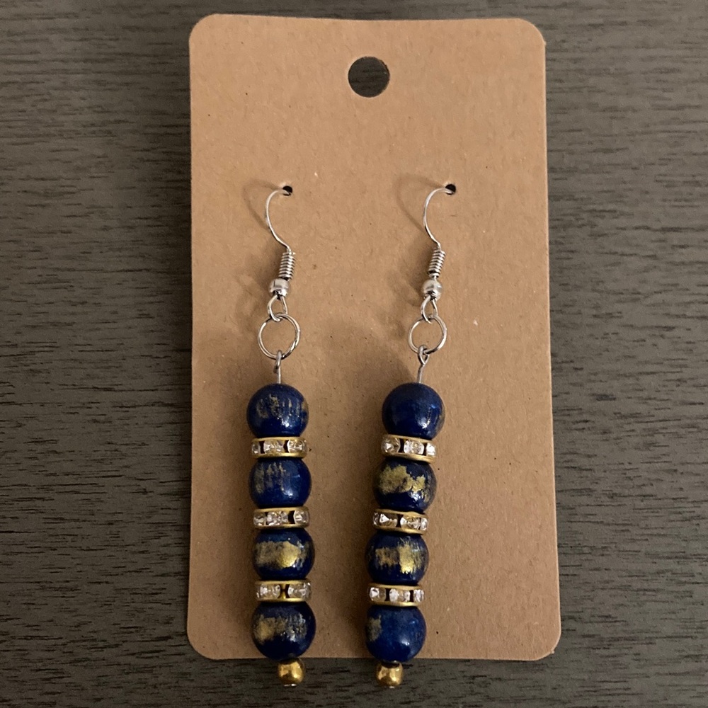 Hand Crafted Blue and Gold Beaded Earrings
